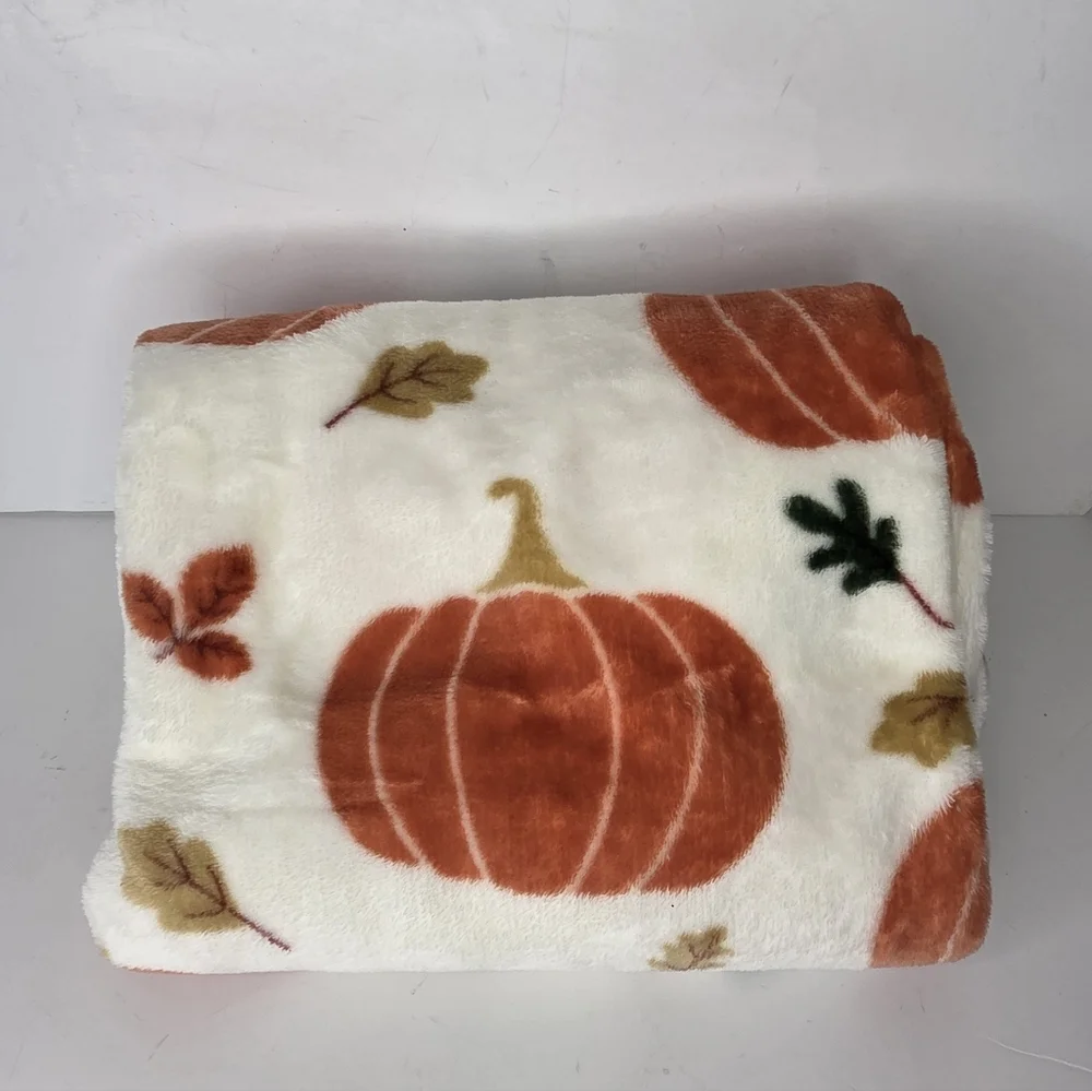 Cozy Fall Plush Pumpkin And Autumn Leaves Decorative Throw Blanket